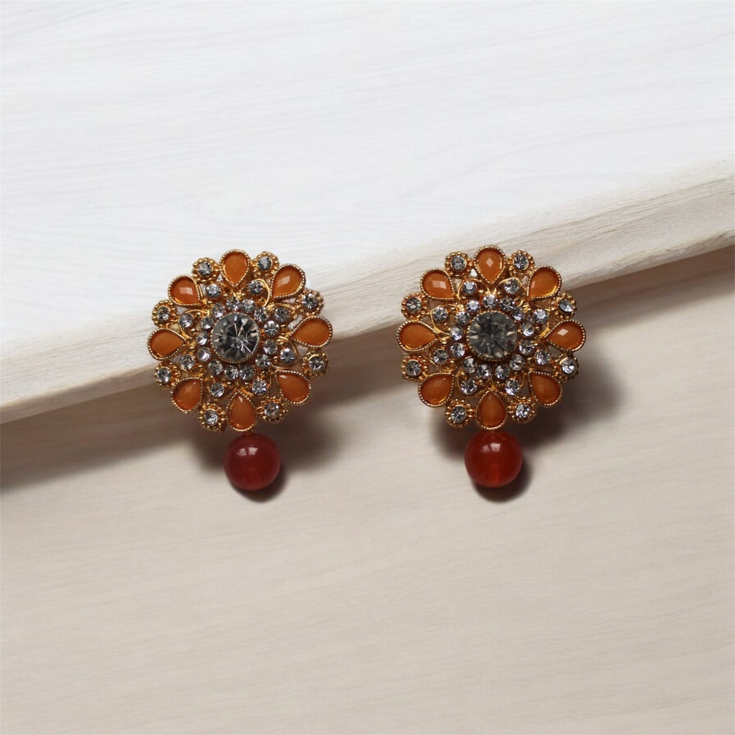 Studs with Orange Pearl - Orange - Khushi Boutique